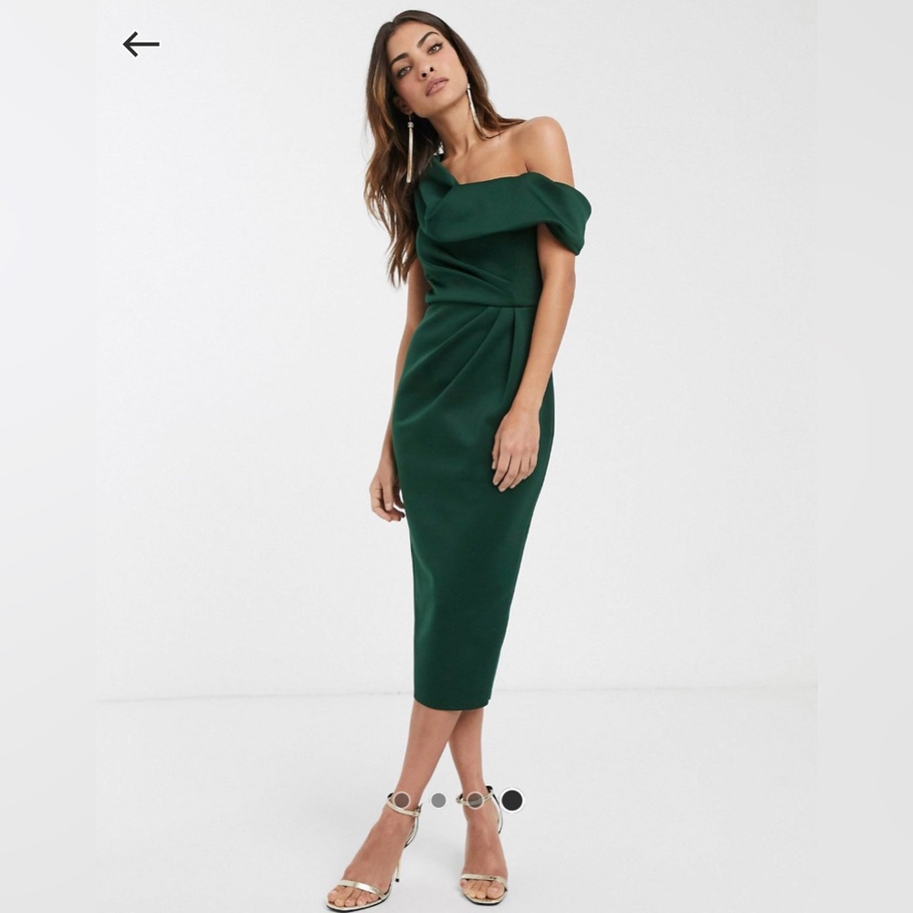 ASOS Design drape fallen shoulder midi pencil dress in forest green